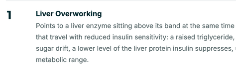 The example report's three priority findings, with the first, Liver Overworking, explained in plain English
